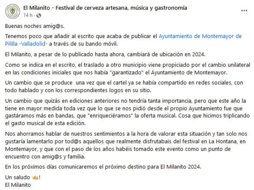 Comunicado de El Milanito