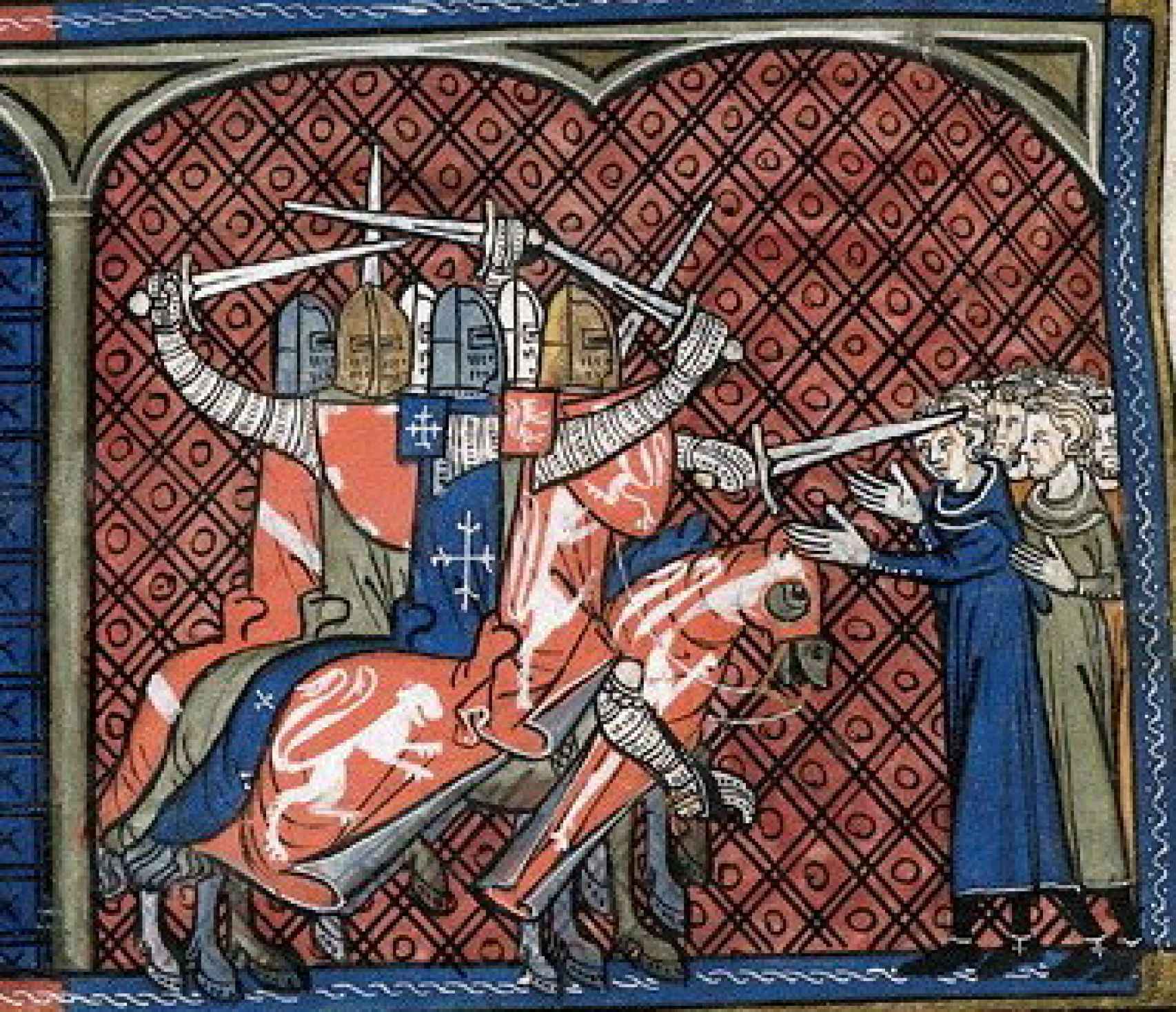 Simón de Monfort y sus hombres atacando a los herejes. Crónica de Saint-Denis S. XIV