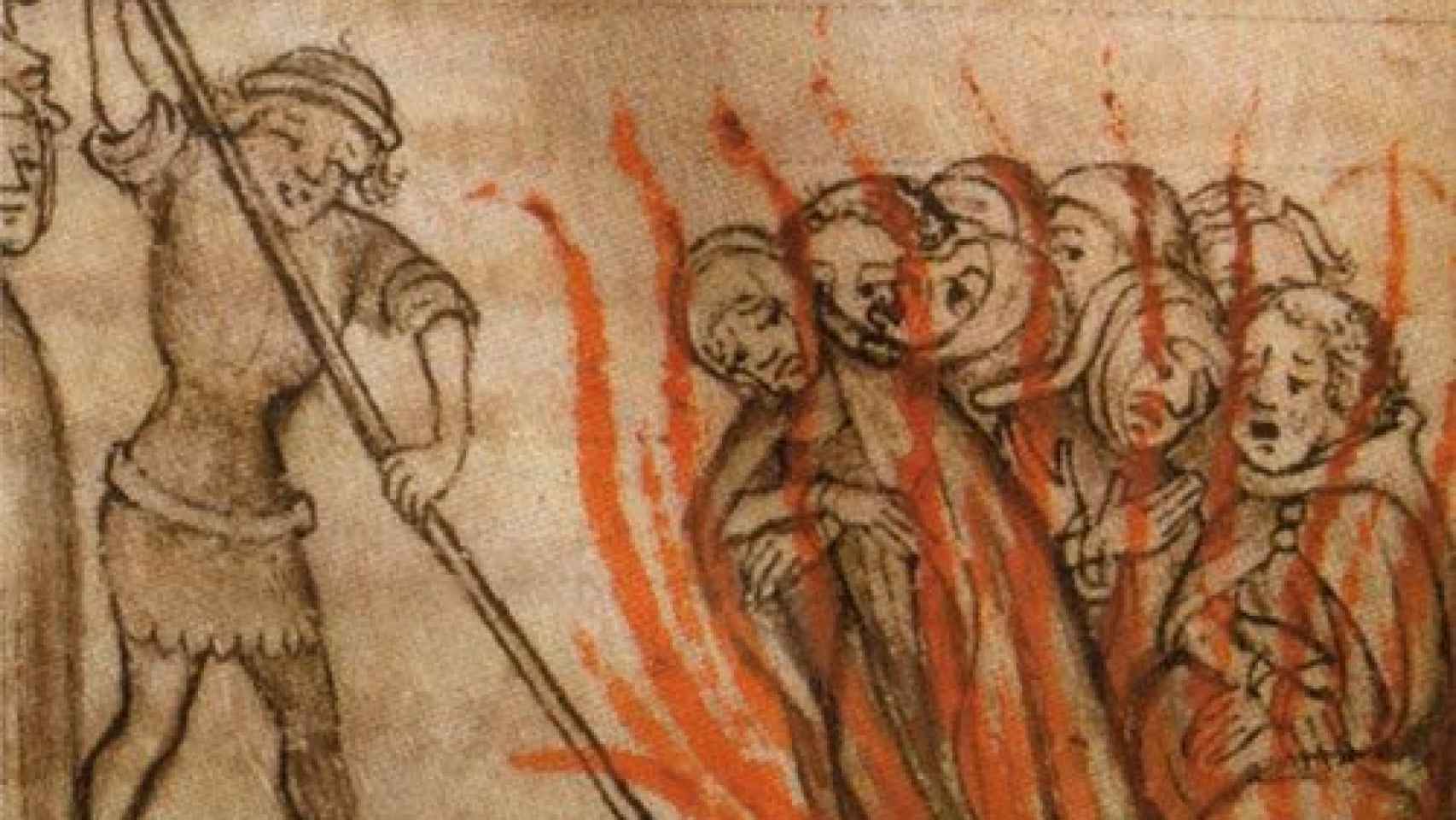 Miniatura de la crónica Desde la Creación del mundo hasta 1384 del siglo XIV que muestra el final de los templarios en la hoguera