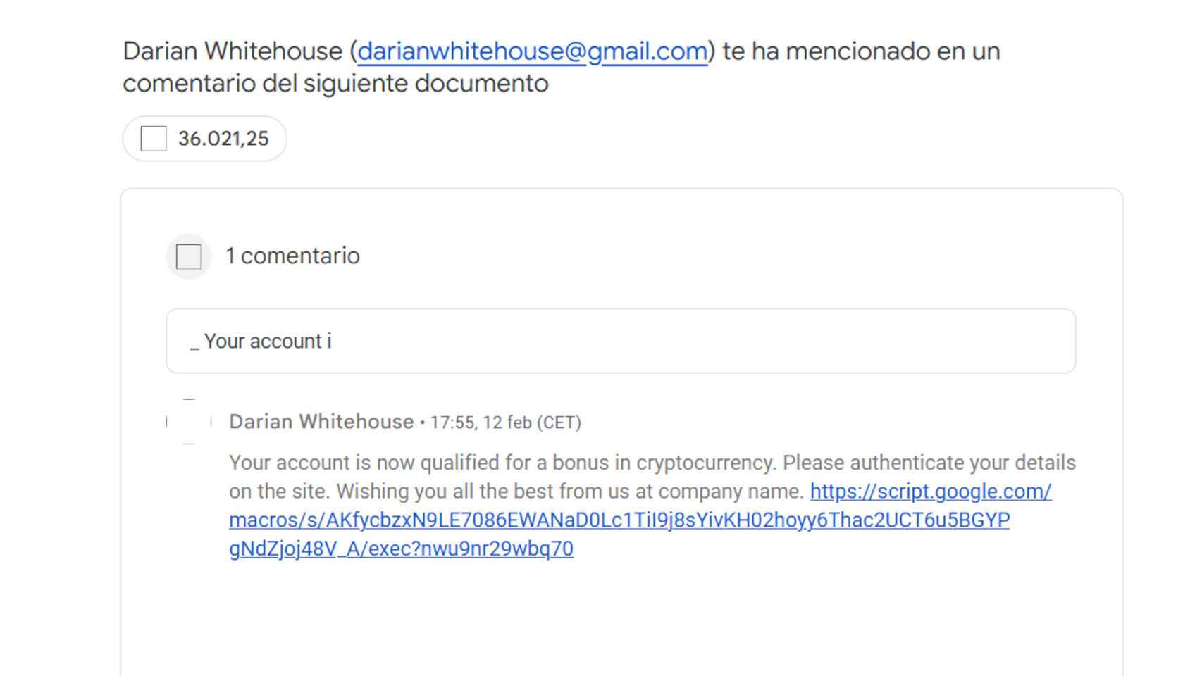 Captura de pantalla de correo malicioso en Gmail a través de Google Docs