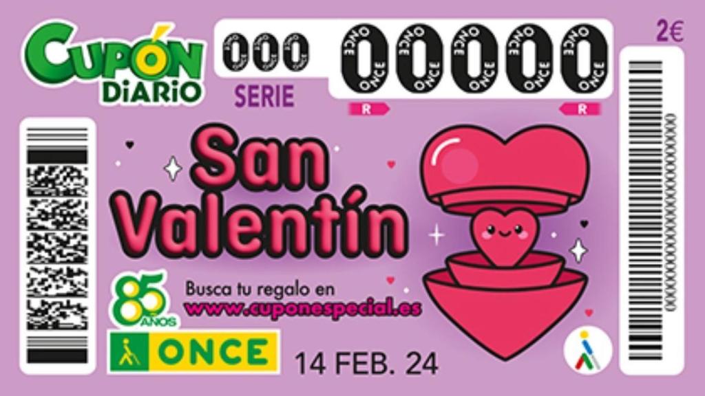 Imagen de un cupón del Sorteo Extra de San Valentín de la ONCE.