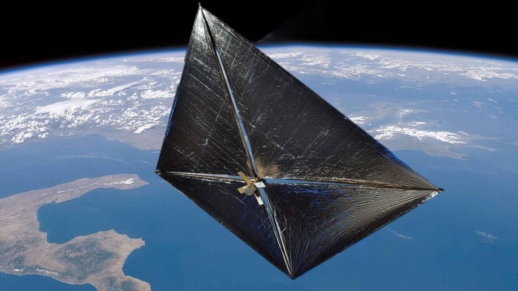Representación de satélite con propulsión de velar solar