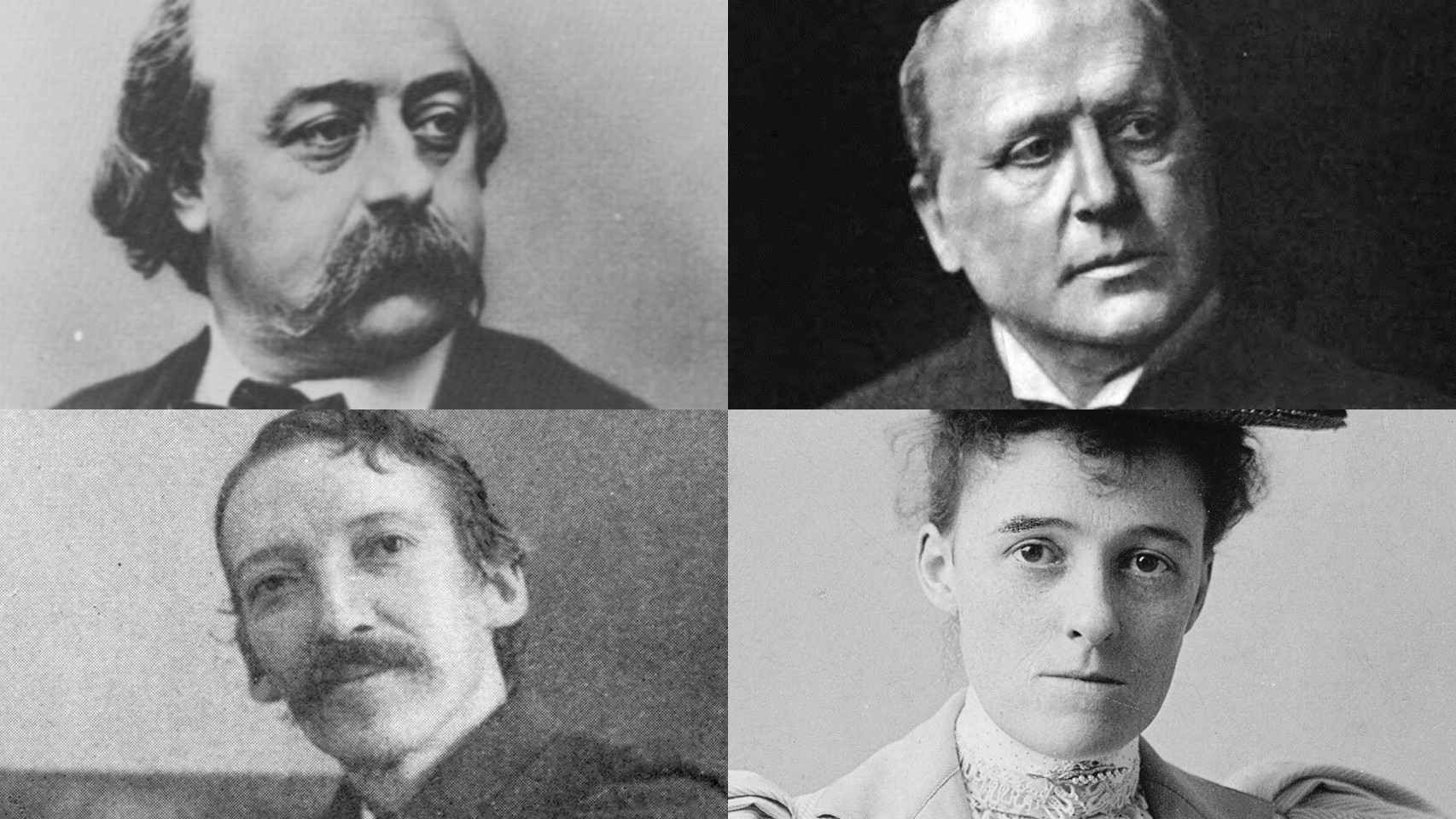 De izquierda a derecha y de arriba abajo, Gustave Flaubert, Henry James, Robert Louis Stevenson y Edith Wharton