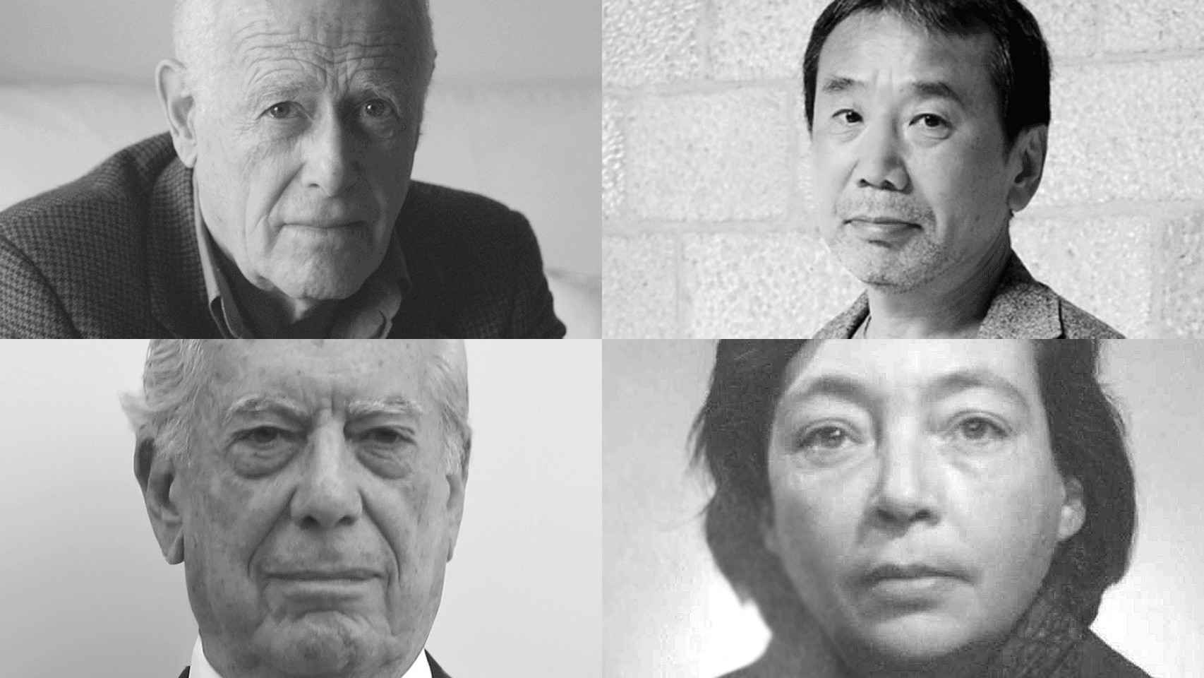 De izquierda a derecha y de arriba abajo, James Salter, Haruki Murakami, Mario Vargas Llosa y Marguerite Duras