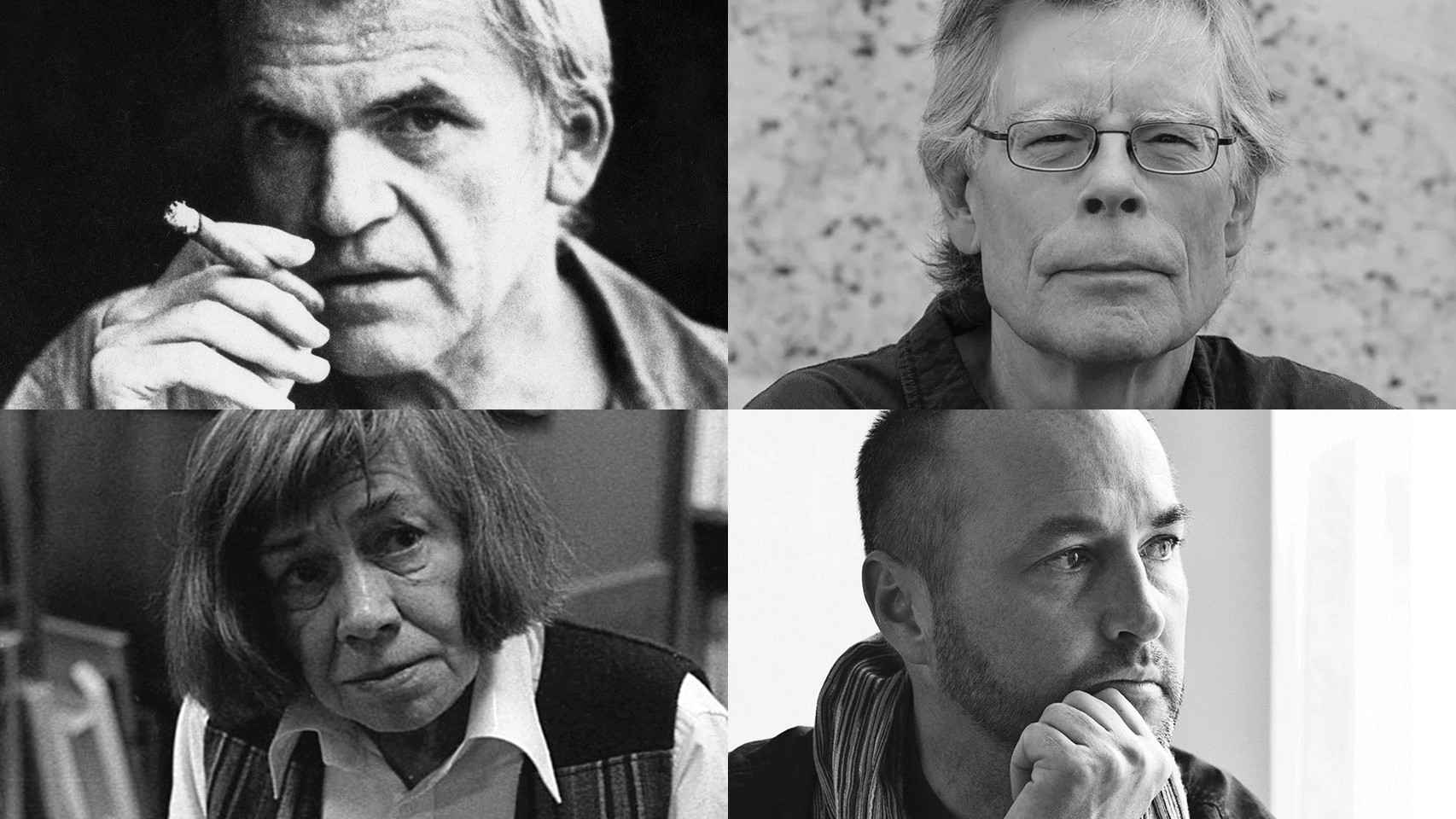 De izquierda a derecha y de arriba abajo, Milan Kundera, Stephen King, Patricia Highsmith y Colum McCann