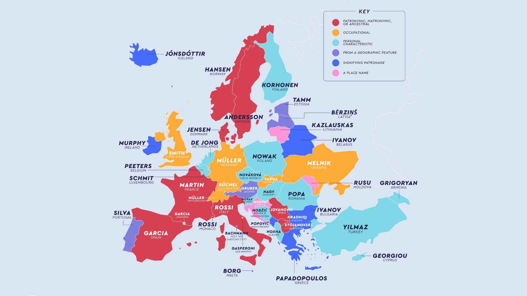 Apellidos más comunes en Europa.