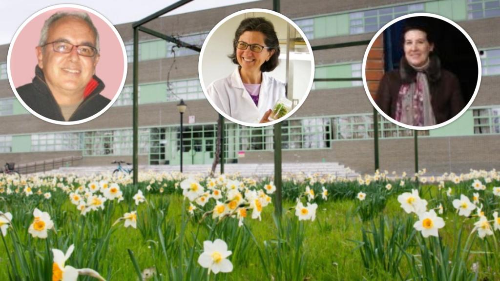 De fondo, la Escuela de Ingenierías Agrarias de Palencia. En los círculos y de izquierda a derecha: Agustín León Alonso-Cortés, Rosario Sierra de Grado y María Felisa Santiago Ibarlucea