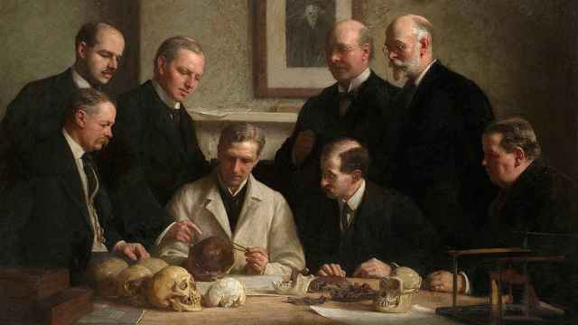 Óleo de 1915 sobre los descubridores del  cráneo de Piltdown