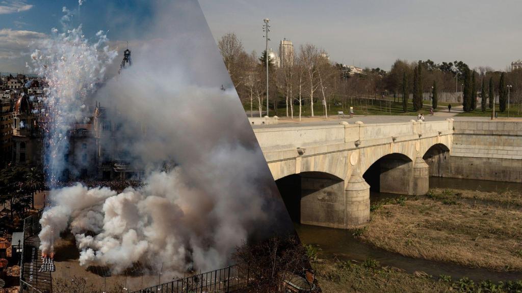De izqda. a dcha., una fotografía tomada durante las Fallas de Valencia y una imagen del Puente del Rey en Madrid.