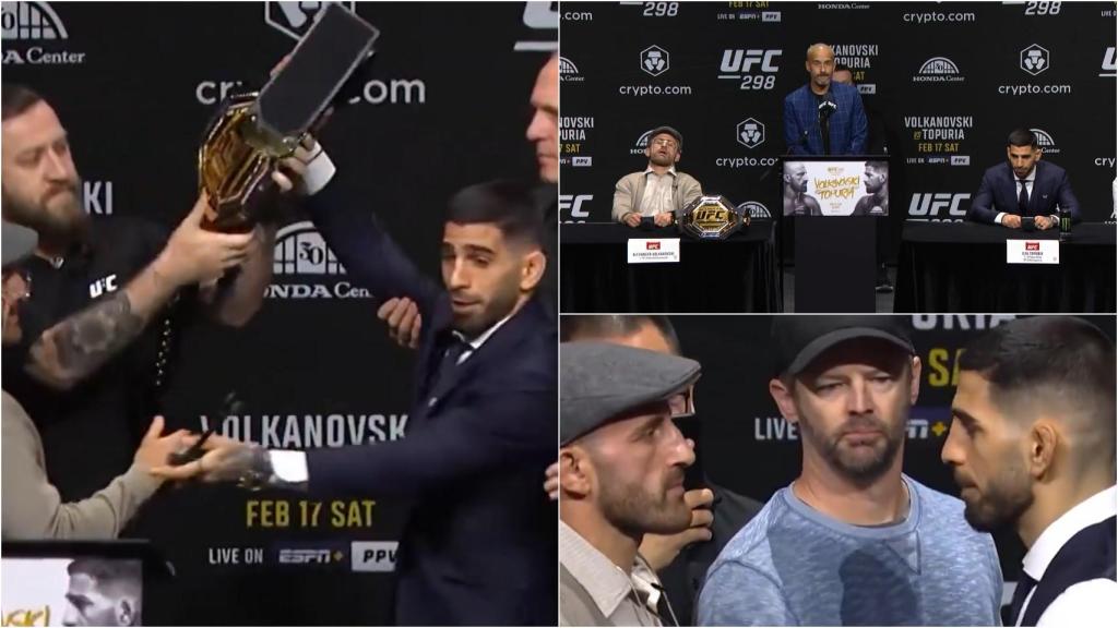 Ilia Topuria y Aleksander Volkanoski, durante la rueda de prensa del UFC 298.