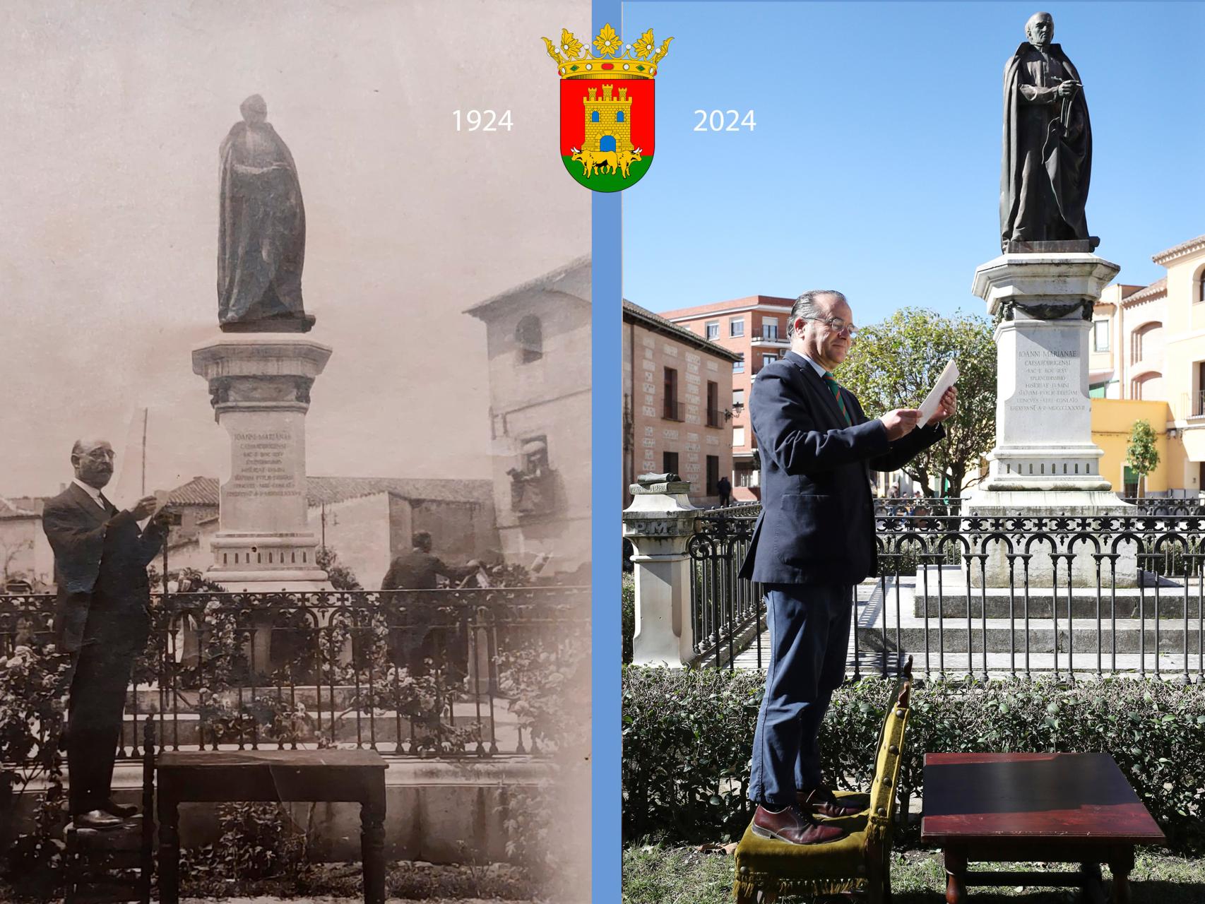 Los alcaldes de Talavera de la Reina Eugenio del Cerro y José Julián Gregorio, junto a la estatua del Padre Juan de Mariana en 1924 y en 2024, respectivamente.