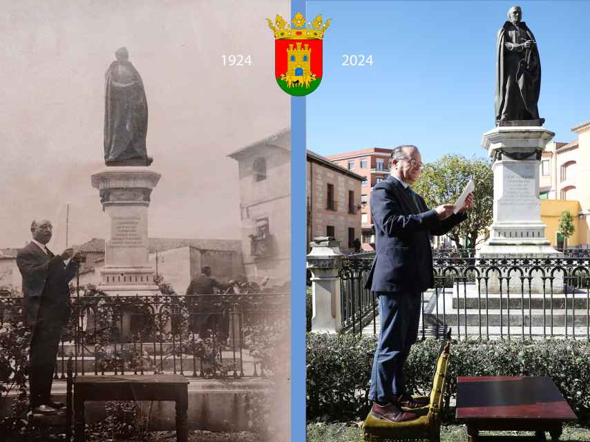 Los alcaldes de Talavera de la Reina Eugenio del Cerro y José Julián Gregorio, junto a la estatua del Padre Juan de Mariana en 1924 y en 2024, respectivamente.