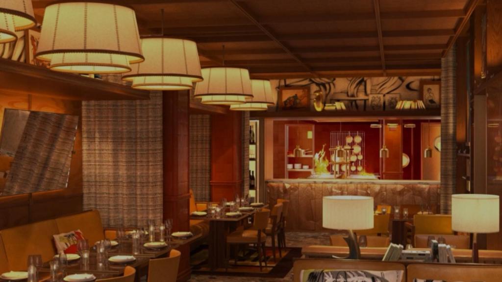 Decorado del restaurante con bar proyectado.