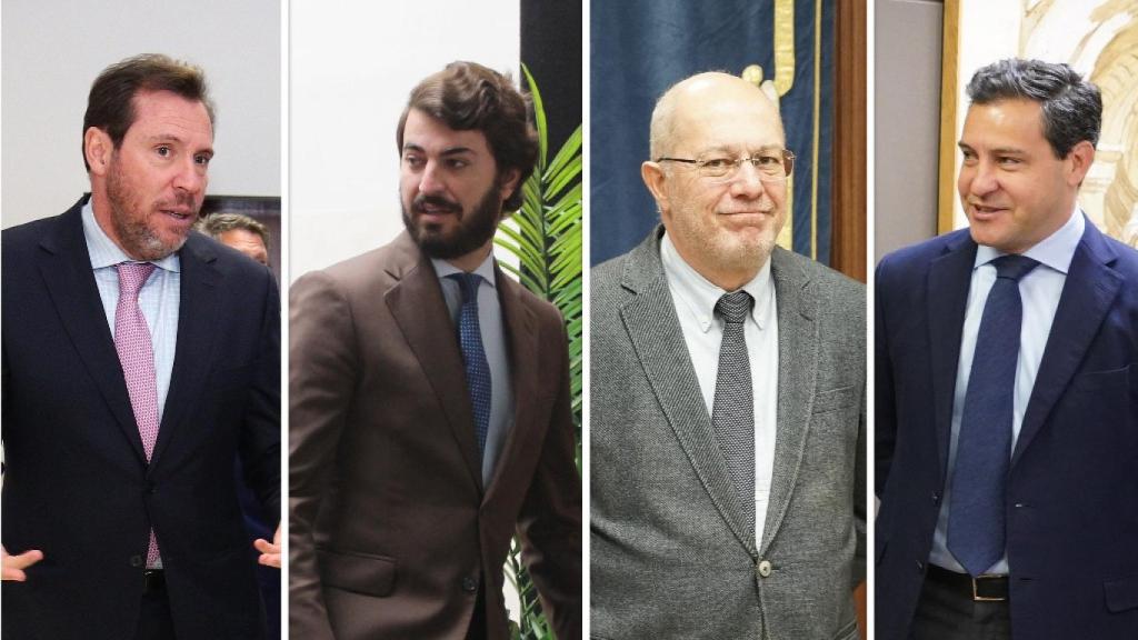 El ministro de Transportes, Óscar Puente, el vicepresidente de la Junta, Juan García-Gallardo, el procurador Francisco Igea y el portavoz popular Raúl de la Hoz, en un montaje de EL ESPAÑOL.