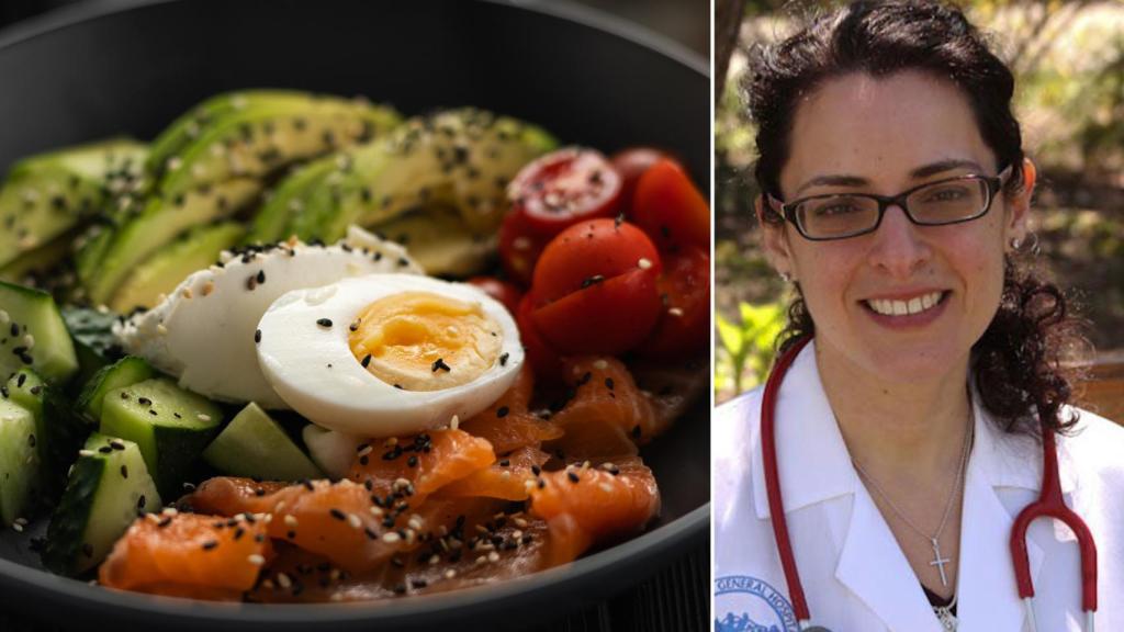 La doctora Monique Tello y un plato apto para la dieta DASH.