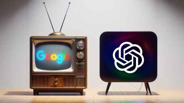 Logo de OpenAI y de Google en dos televisores