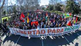La cabecera de la manifestación que ha recorrido las calles de Madrid en contra de la intervención de Israel en Gaza.