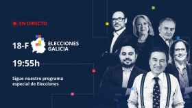 El presidente ejecutivo y director de El Español, Pedro J. Ramírez, junto con el elenco de periodistas que analizarán la noche electoral en Galicia.