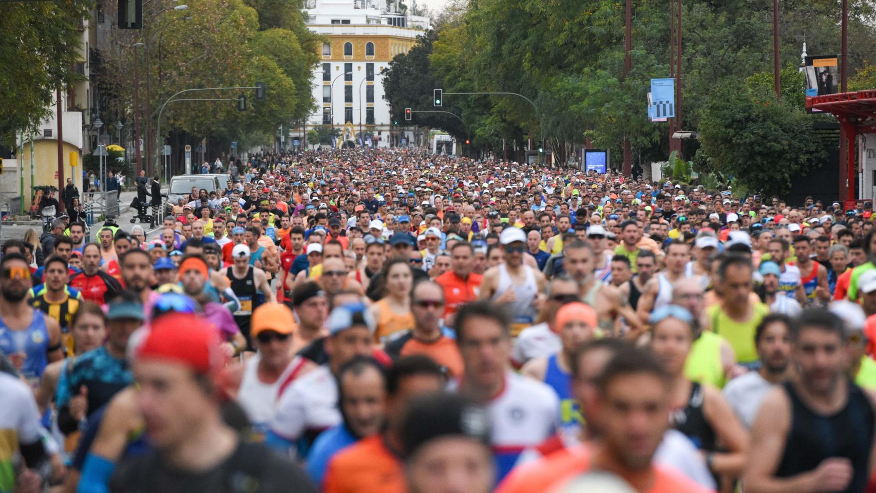 Vista de una edición del Maratón de Sevilla pasando por el Paseo Colón.