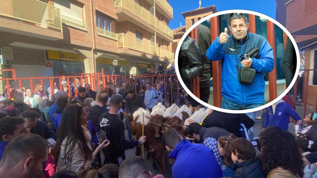 El fotógrafo Alfredo Ayllón junto a una imagen del encierro en Rioseco