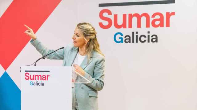 La vicepresidenta Yolanda Díaz, el pasado jueves en un mitin de Sumar en Santiago de Compostela.