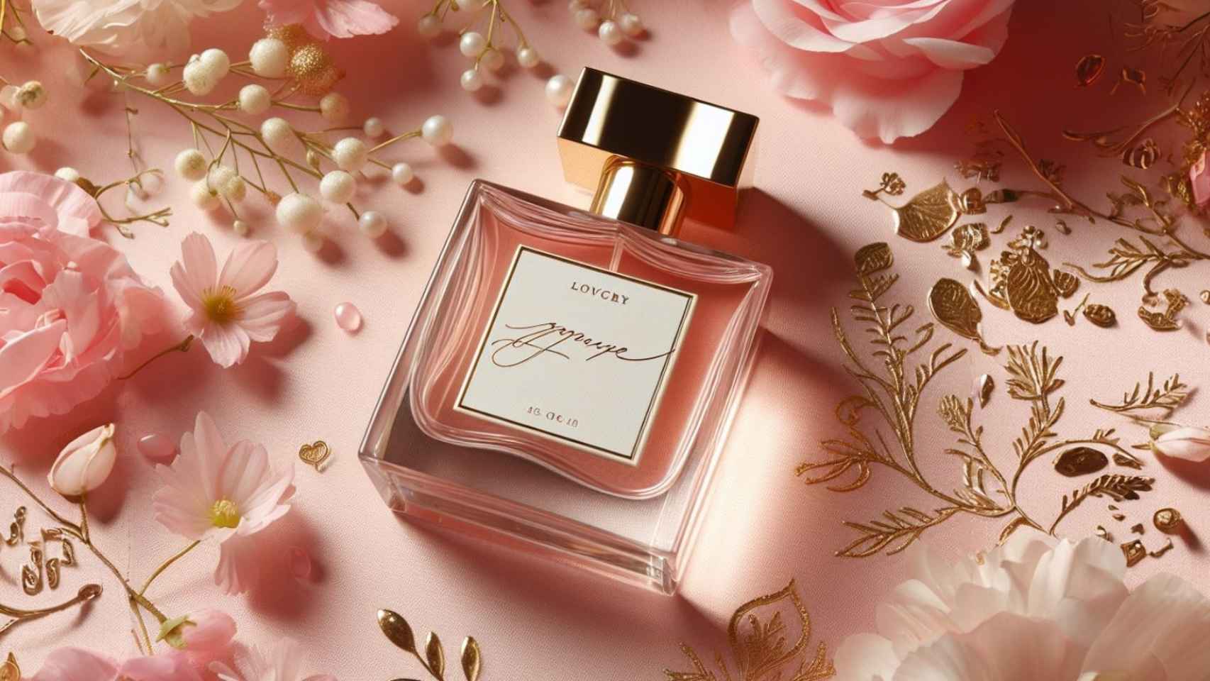 Imagen creada con IA con el comando Fotografía de stock de un perfume, en tonos rosas