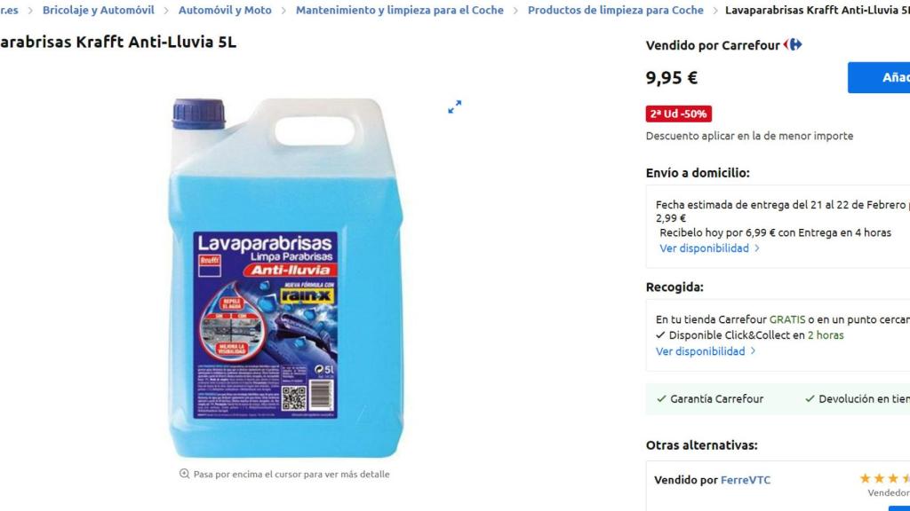 Lavaparabrisas Krafft Anti-Lluvia 5L de Carrefour.