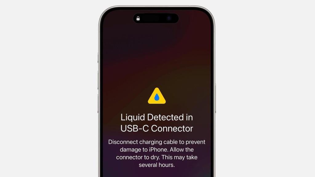 iPhone con la alerta de líquido en el puerto de carga.