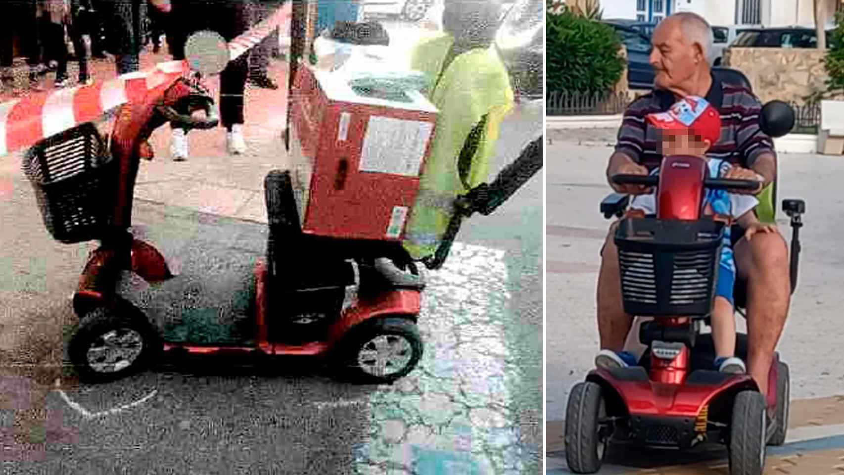 El vehículo de movilidad reducida que conducía el difunto Andrés 'El Parli', en una imagen del atestado de la Policía Local, y al lado, una foto del anciano con uno de sus nietos.