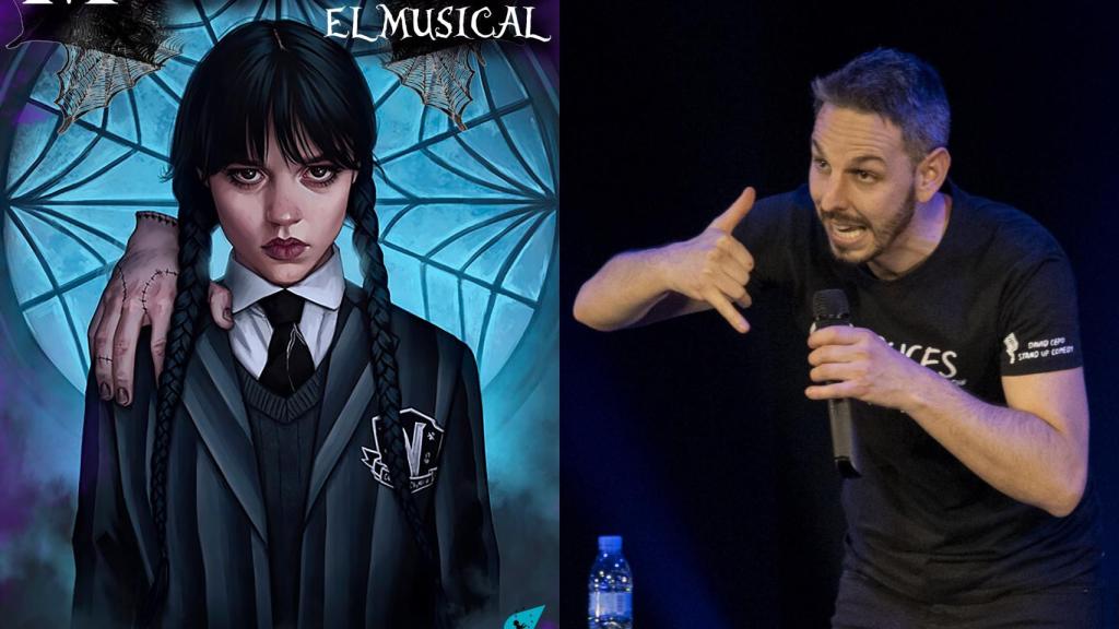 Miércoles Adams y el cómico David Cepo, en un collage