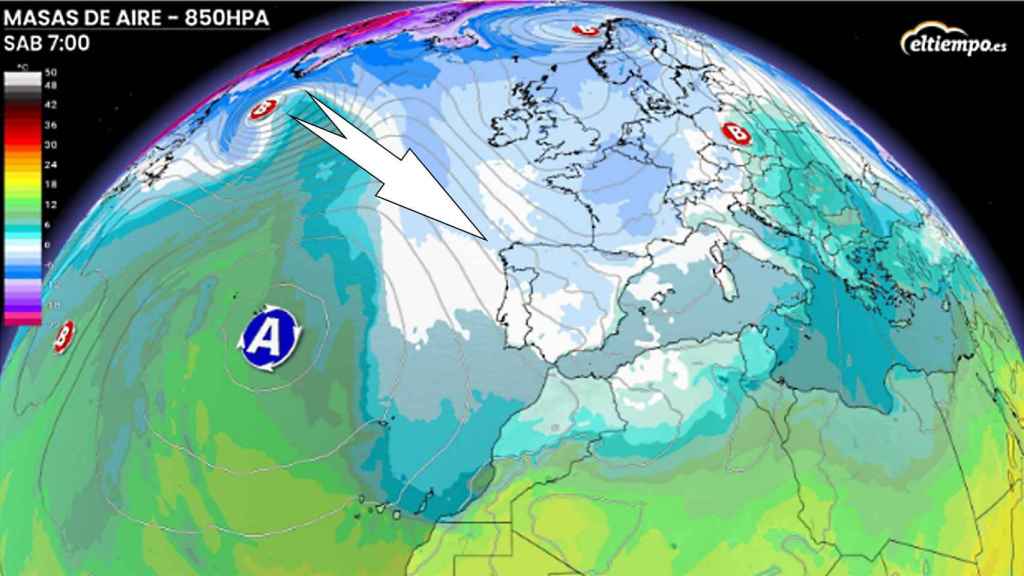 Las masas de aire frío que afectarán a España el próximo fin de semana. ElTiempo.es
