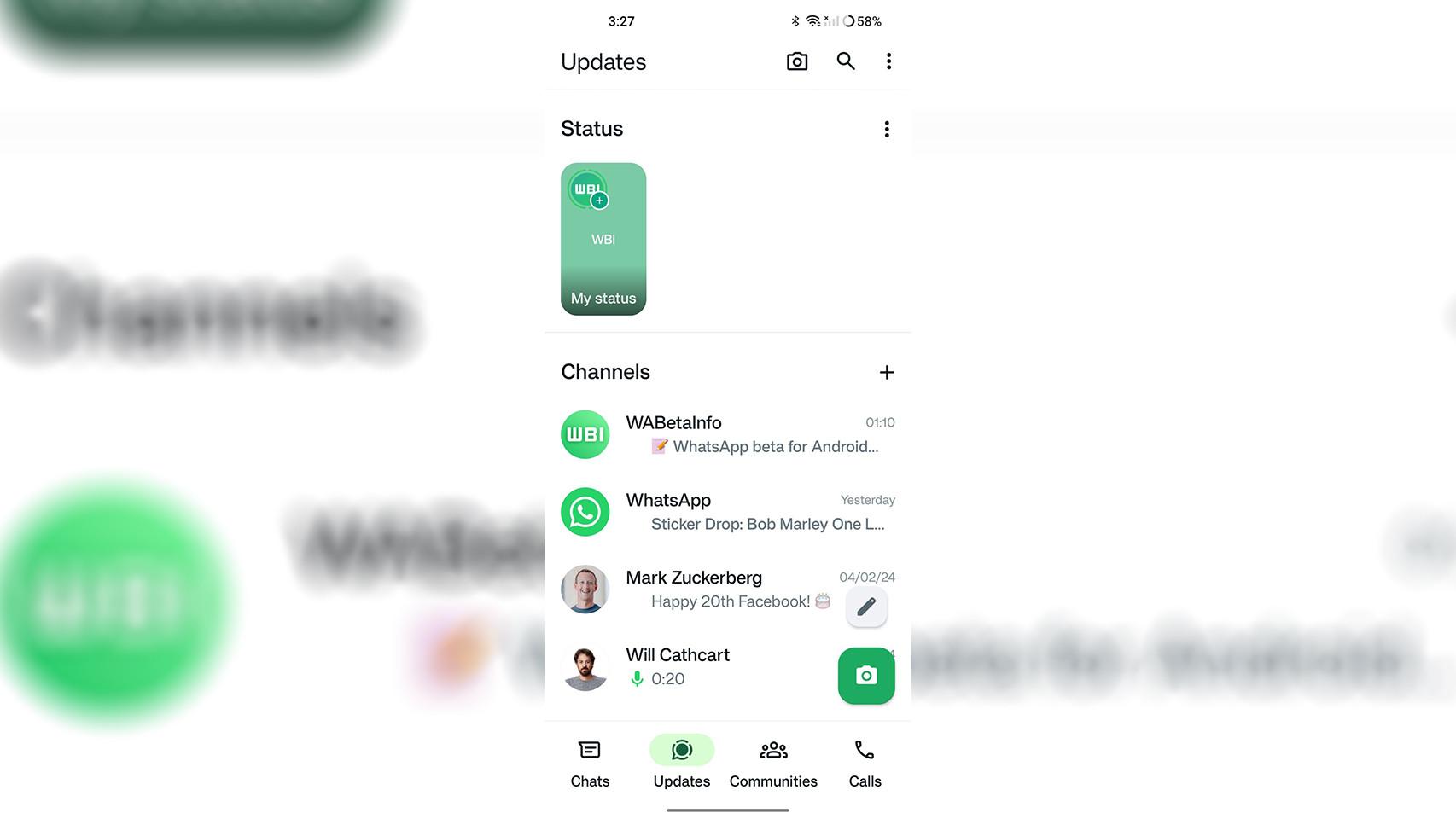 Imagen en la que se muestra los cambios en la  pestaña novedades de WhatsApp