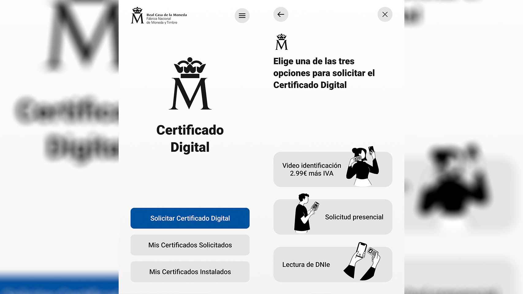 Imagen de los pasos para solicitar el certificado digital desde el móvil con la app FNMT