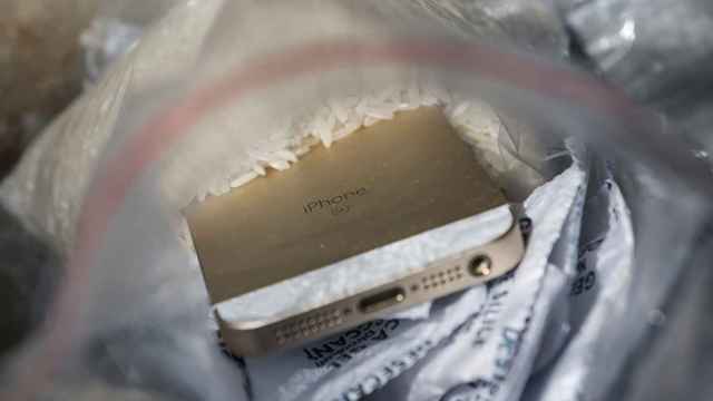 iPhone dañado en una bolsa con arroz.