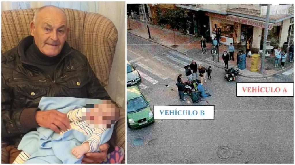 El difunto Andrés Casado Moreno, conocido entre los profesionales de la pesca como 'El Parli', junto a una foto del atestado de la Policía Local de Águilas sobre el paso de peatones donde fue atropellado.