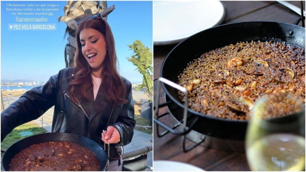 A la izquierda, Dulceida en el restaurante Pez Vela de Barcelona y a la derecha, un plato de paella del local.