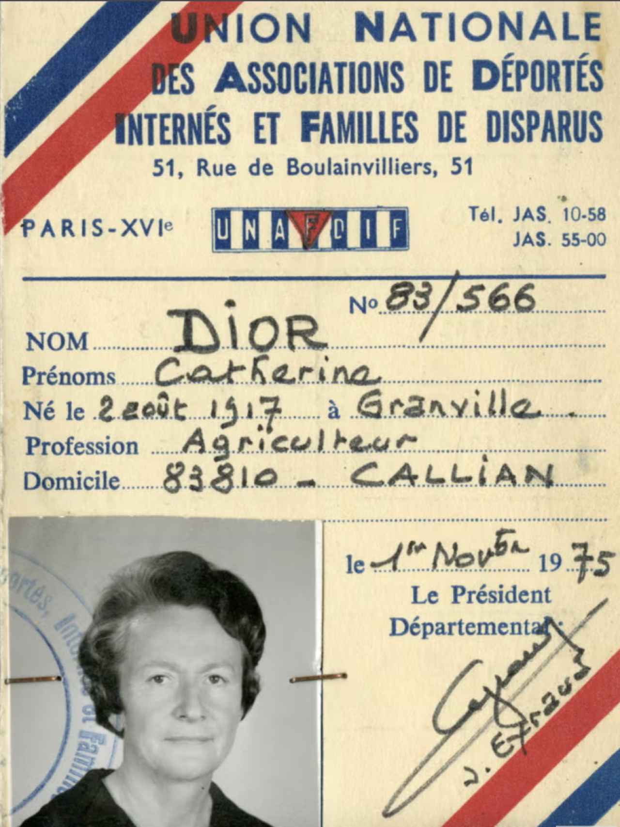 Documento oficial emitido por el gobierno francés que refleja que Catherine Dior fue víctima de deportación.
