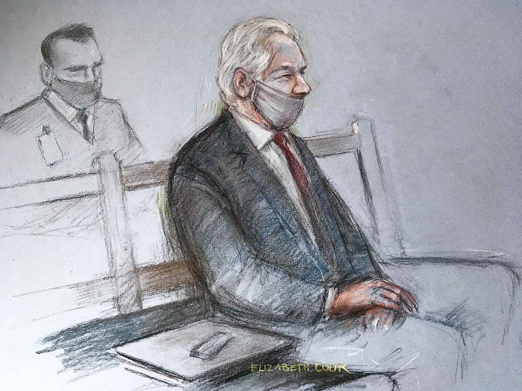 Boceto de la artista Elizabeth Cook que muestra al fundador de Wikileaks, Julian Assange, asistiendo a su juicio de extradición en el Tribunal Penal Central en enero de 2021.