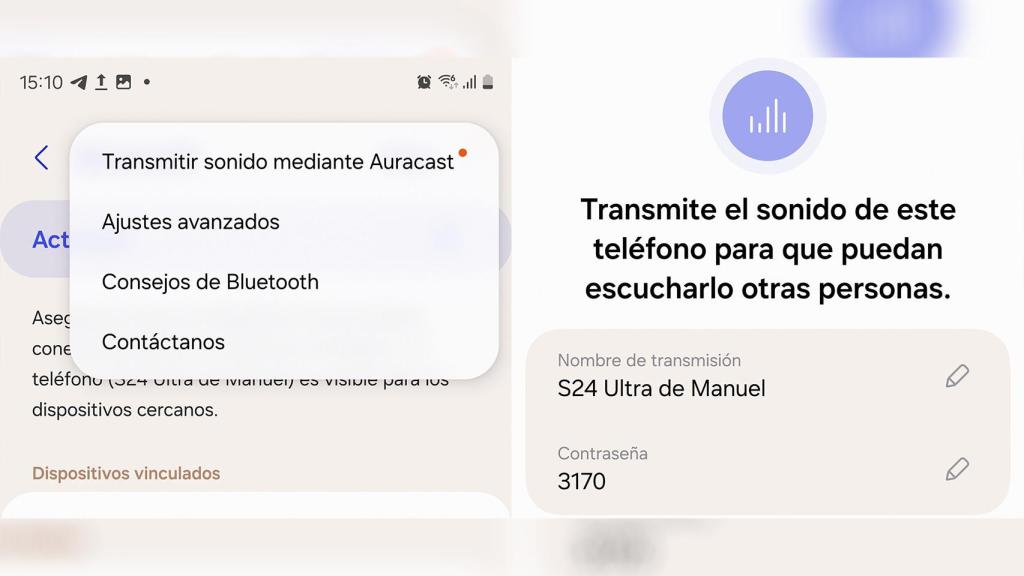 Imagen de emisión con Auracast en un Samsung Galaxy S24 Ultra