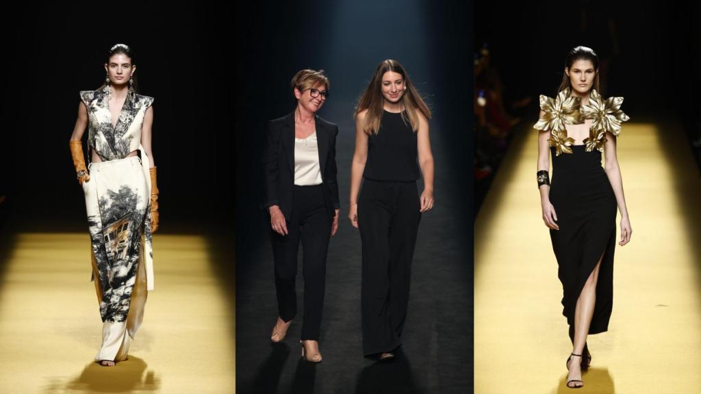 En el medio, Isabel Sanchís y su hija, Paula Maiques, junto a dos de sus diseños.