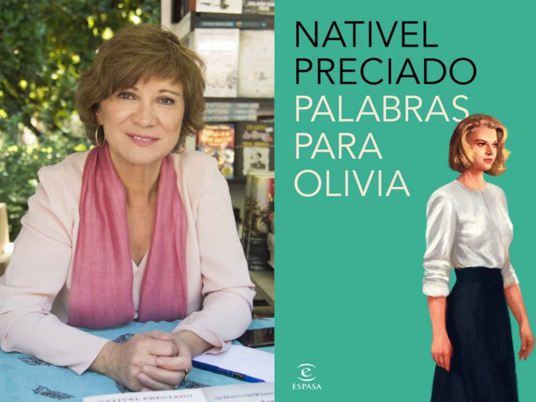 Montaje de Magas: Nativel Preciado junto a su última novela 'Palabras para Olivia'.