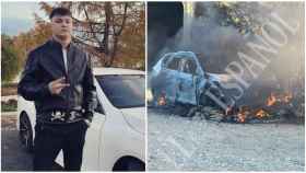 De izquierda a derecha: Maxim Kuzmínov, desertor ruso matado a tiros en Villajoyosa, y su coche quemado por los asesinos.