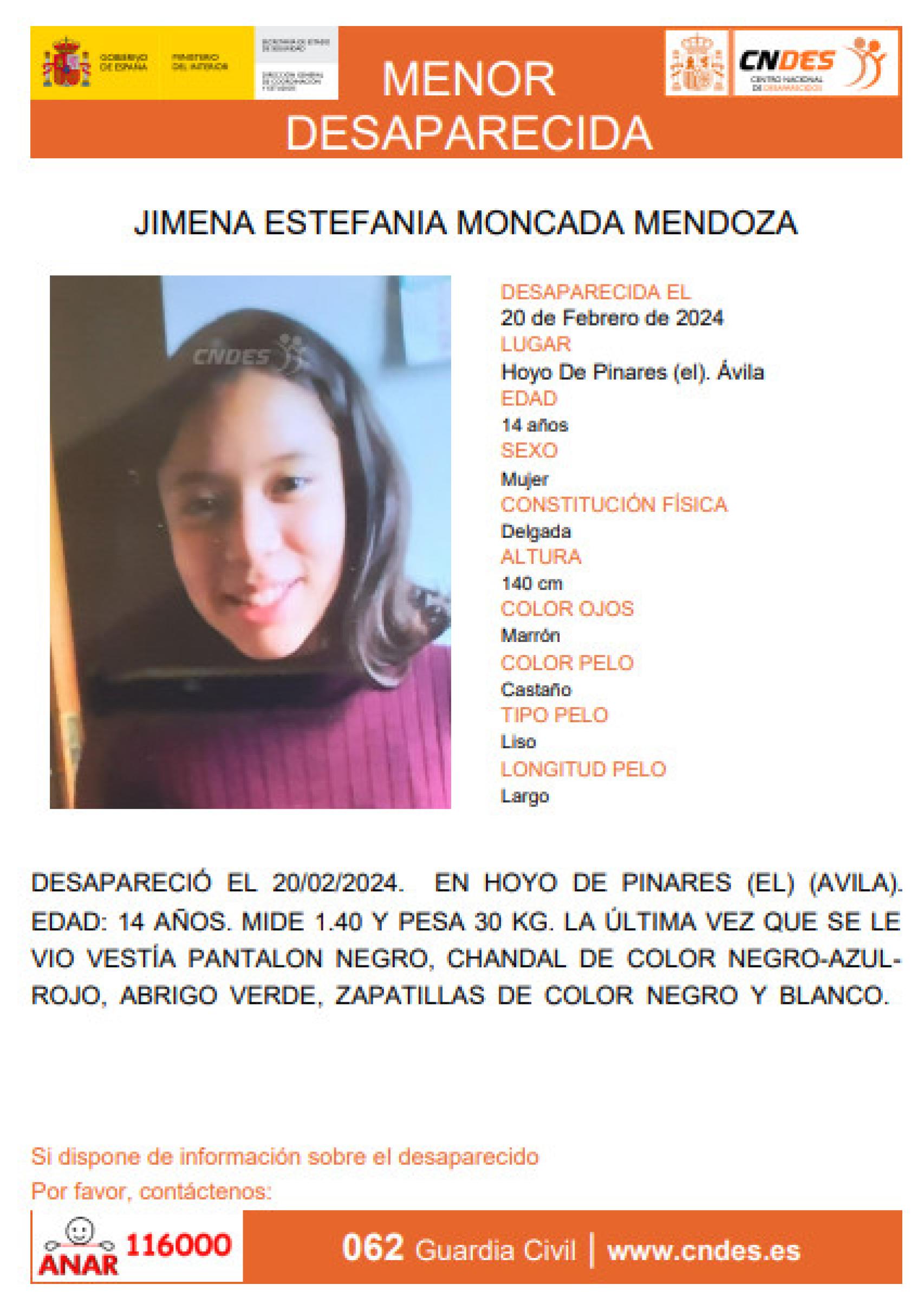 Cartel de Jimena Estefanía, la menor de 14 años desaparecida en Ávila