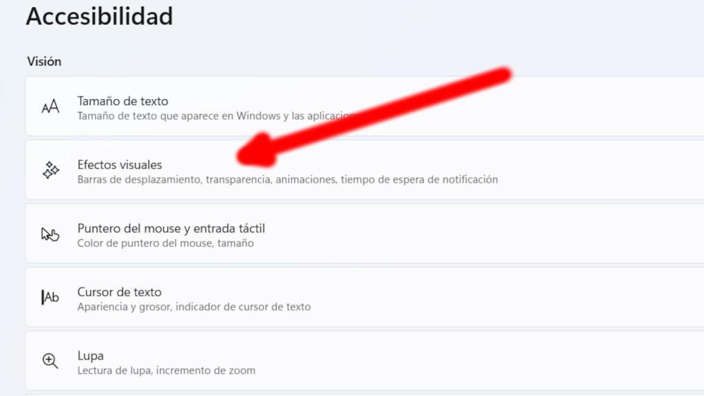 Segundo paso para desactivar efectos en Windows 11