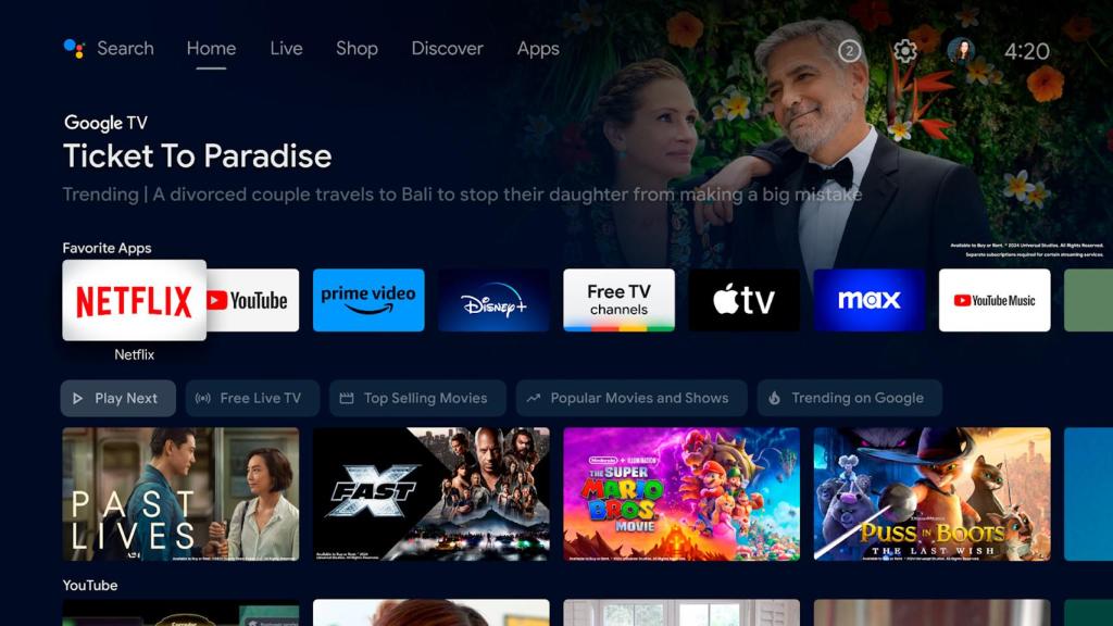 Imagen que muestra la nueva fila de accesos rápidos de Android TV justo debajo de 'Favorite Apps'
