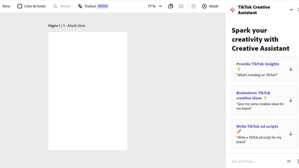 Imagen que muestra Adobe Express con el asistente de TikTok