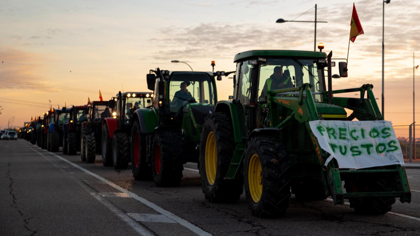 Los tractores de los agricultores concentrados en la A-42 a la altura de Torrejón de la Calzada, uno de los puntos desde los que parten para manifestarse en la Plaza de la Independencia de Madrid inician la marcha.