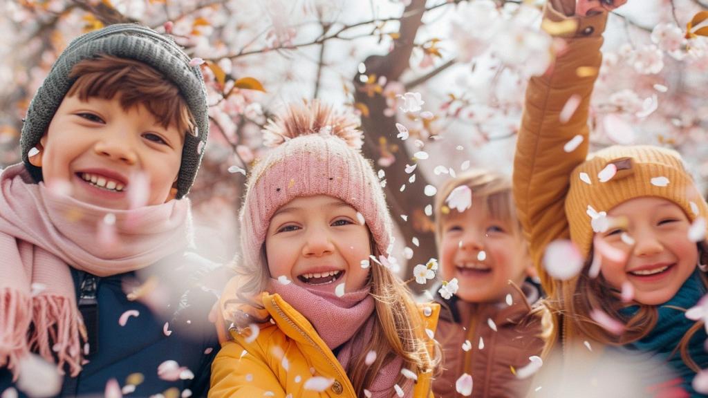 Un grupo de niños bajo los cerezos en flor. (Imagen generada con IA)
