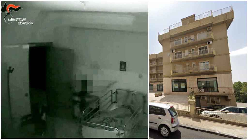 La imagen de una cama con barrotes difundida por los Carabinieri de Caltanissetta; y la fachada de la residencia.