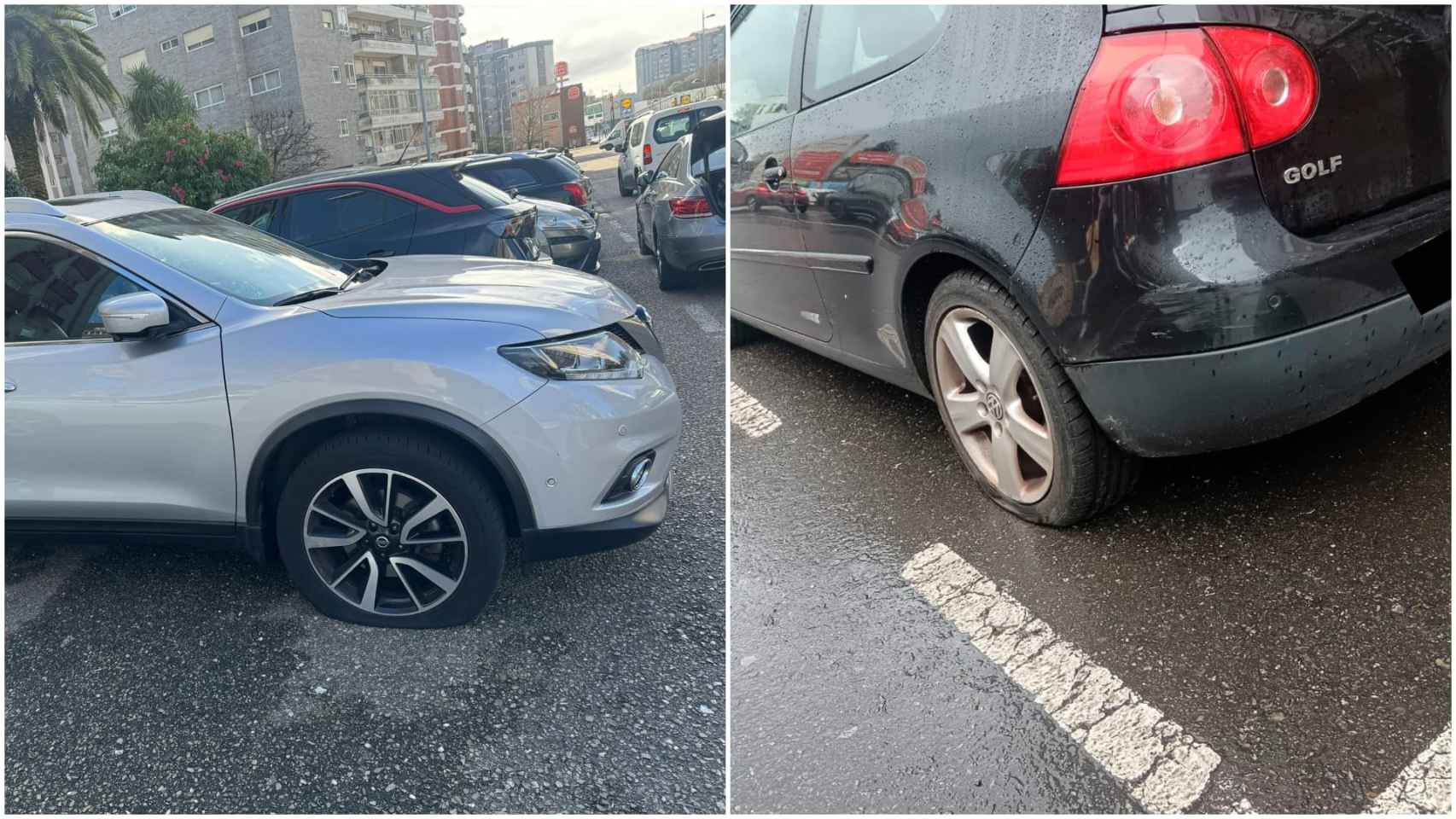 Vehículos de trabajadores de Vitrasa con las ruedas pinchadas.